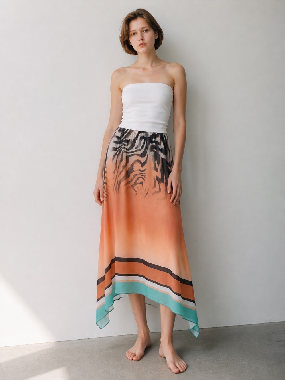 new directions Coral Ombre Handkerchief-Hem Skirt with Turquoise Trim
